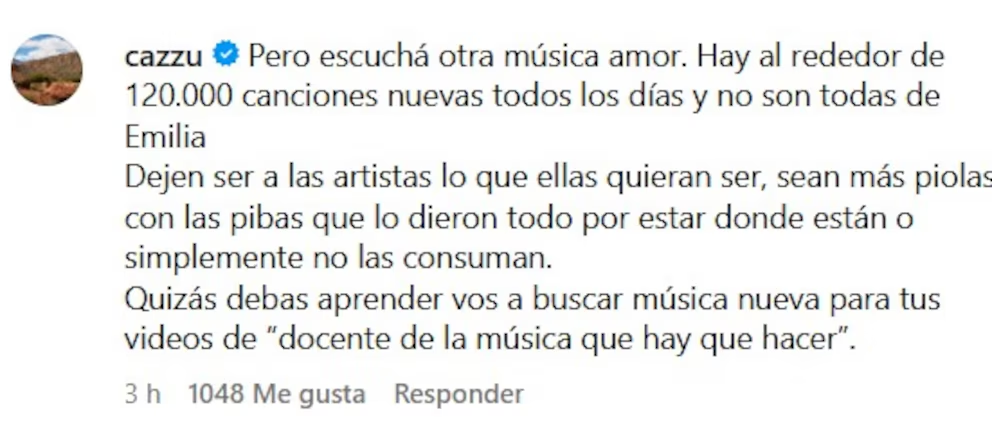 image-22 CAZZU DEFENDIÓ A EMILIA MERNES DE LAS CRITICAS DE UNA INFLUENCER: "ESCUCHÁ OTRA MÚSICA, AMOR"